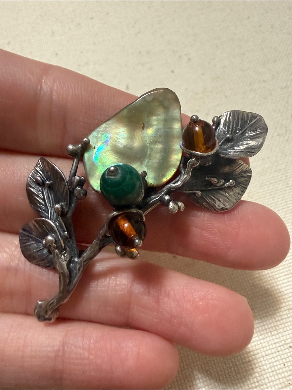 Sterling Silver Botanical Brooch W/Abalone & Accents of Amber & Malachite Stone - Picture 7 of 12
